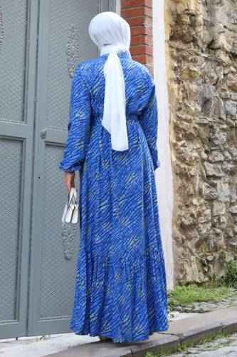 Çıtır Desenli Eteği Volanlı Elbise TSD240210 Mavi - 5