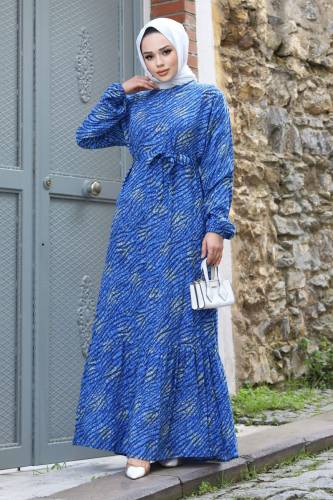 Çıtır Desenli Eteği Volanlı Elbise TSD240210 Mavi 