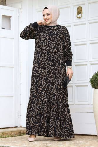 Çizgi Desenli Eteği Volanlı Elbise TSD240236 Siyah - 3