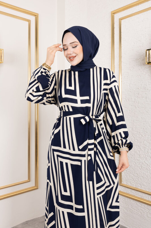 Çizgi Desenli Viskon Elbise TSD240943 Lacivert - 2