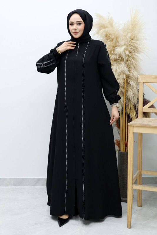 Çizgi Detaylı Tesettür Ferace TSD260147 Siyah - Tesettür Dünyası