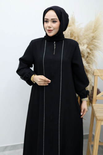 Çizgi Detaylı Tesettür Ferace TSD260147 Siyah - 2