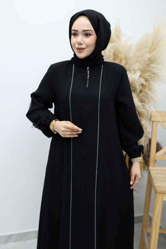 Çizgi Detaylı Tesettür Ferace TSD260147 Siyah - Tesettür Dünyası (1)