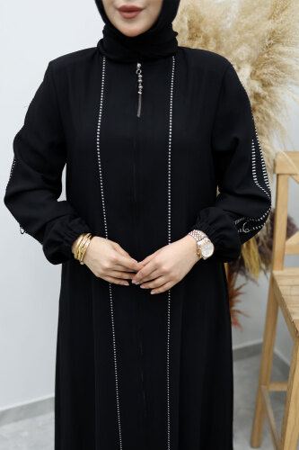 Çizgi Detaylı Tesettür Ferace TSD260147 Siyah - 4