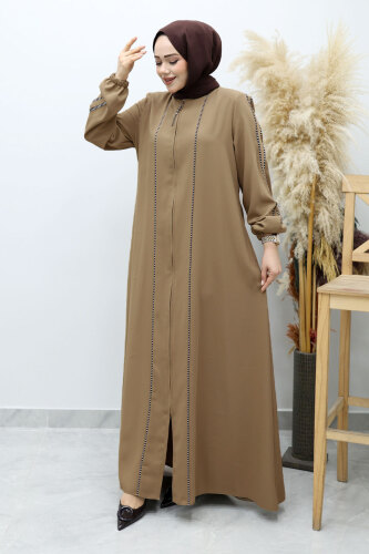 Çizgi Detaylı Tesettür Ferace TSD260147 Vizon - 1