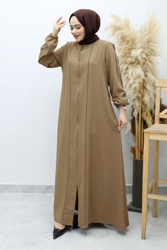 Çizgi Detaylı Tesettür Ferace TSD260147 Vizon - Tesettür Dünyası