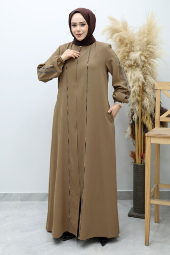 Çizgi Detaylı Tesettür Ferace TSD260147 Vizon - 3