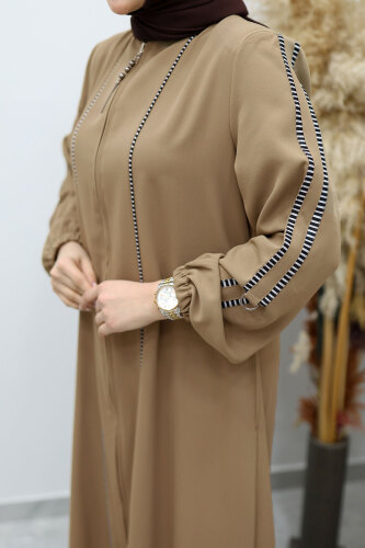 Çizgi Detaylı Tesettür Ferace TSD260147 Vizon - 4