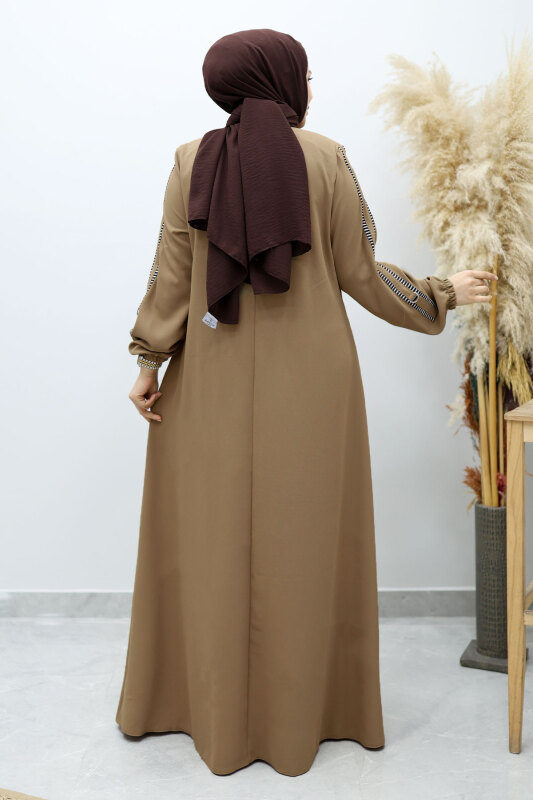 Çizgi Detaylı Tesettür Ferace TSD260147 Vizon - 6