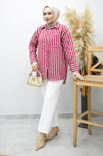 Çizgili Cepli Gömlek TSD260174 Fuşya 