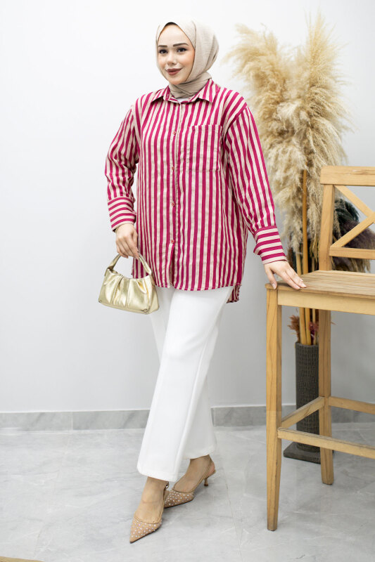 Çizgili Cepli Gömlek TSD260174 Fuşya - TESETTÜR DÜNYASI