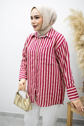 Çizgili Cepli Gömlek TSD260174 Fuşya - 2