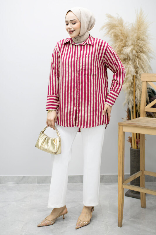 Çizgili Cepli Gömlek TSD260174 Fuşya - 3