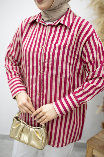 Çizgili Cepli Gömlek TSD260174 Fuşya - 4