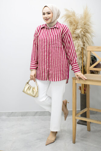 Çizgili Cepli Gömlek TSD260174 Fuşya - 5