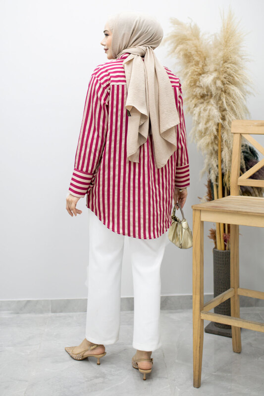 Çizgili Cepli Gömlek TSD260174 Fuşya - 6