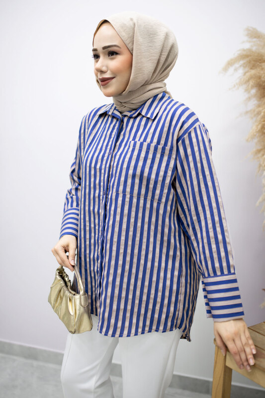 Çizgili Cepli Gömlek TSD260174 İndigo - TESETTÜR DÜNYASI (1)