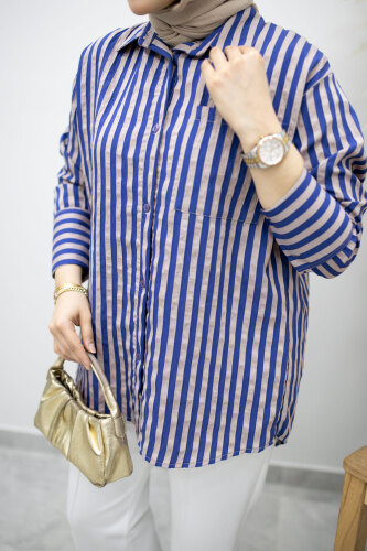 Çizgili Cepli Gömlek TSD260174 İndigo - 4
