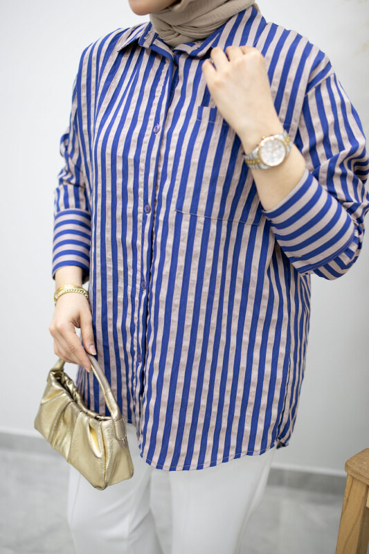 Çizgili Cepli Gömlek TSD260174 İndigo - 4