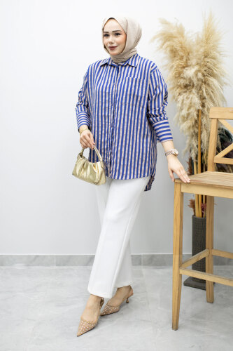 Çizgili Cepli Gömlek TSD260174 İndigo 