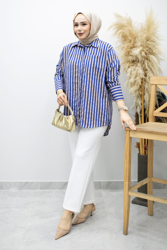 Çizgili Cepli Gömlek TSD260174 İndigo - TESETTÜR DÜNYASI