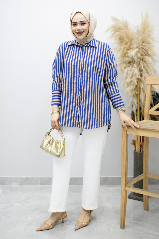 Çizgili Cepli Gömlek TSD260174 İndigo - 3