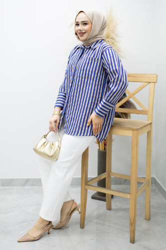 Çizgili Cepli Gömlek TSD260174 İndigo - 5