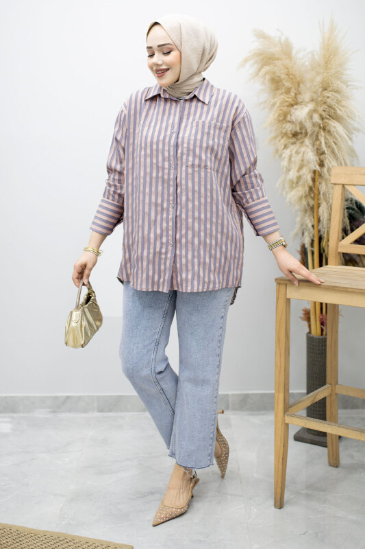 Çizgili Cepli Gömlek TSD260174 Mavi - TESETTÜR DÜNYASI