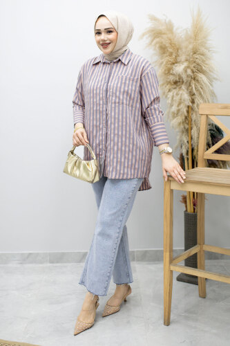 Çizgili Cepli Gömlek TSD260174 Pudra 
