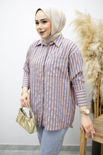 Çizgili Cepli Gömlek TSD260174 Pudra - 2