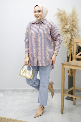Çizgili Cepli Gömlek TSD260174 Pudra - 3