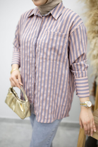 Çizgili Cepli Gömlek TSD260174 Pudra - 4