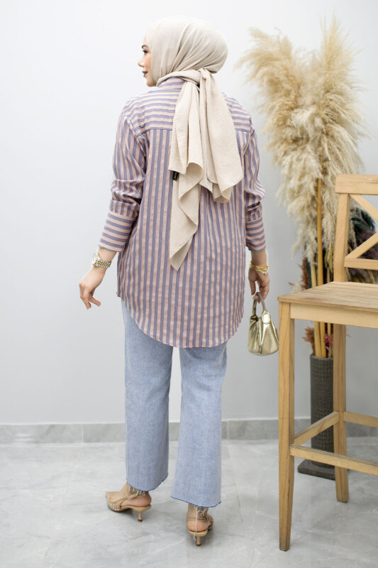 Çizgili Cepli Gömlek TSD260174 Pudra - 6