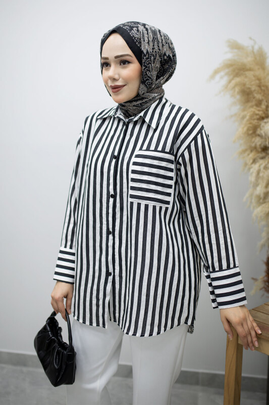 Çizgili Cepli Gömlek TSD260174 Siyah - TESETTÜR DÜNYASI (1)