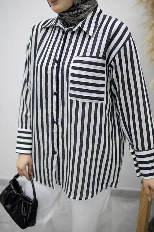 Çizgili Cepli Gömlek TSD260174 Siyah - 4