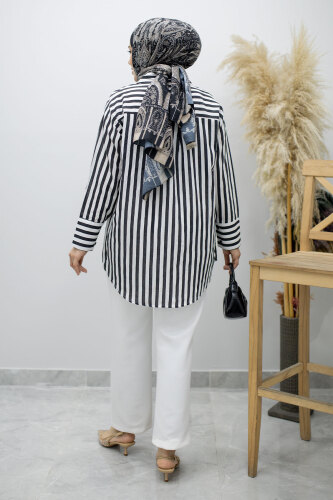 Çizgili Cepli Gömlek TSD260174 Siyah - 6