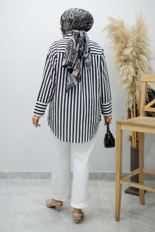 Çizgili Cepli Gömlek TSD260174 Siyah - 6