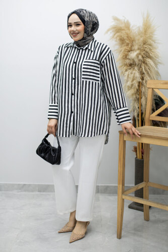 Çizgili Cepli Gömlek TSD260174 Siyah 