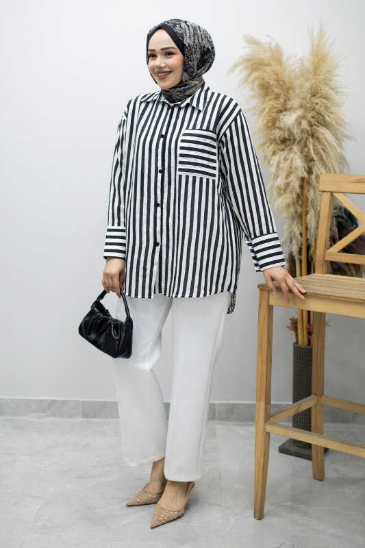 Çizgili Cepli Gömlek TSD260174 Siyah - TESETTÜR DÜNYASI