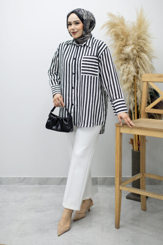 Çizgili Cepli Gömlek TSD260174 Siyah - 3