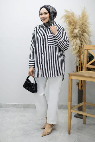 Çizgili Cepli Gömlek TSD260174 Siyah - 5