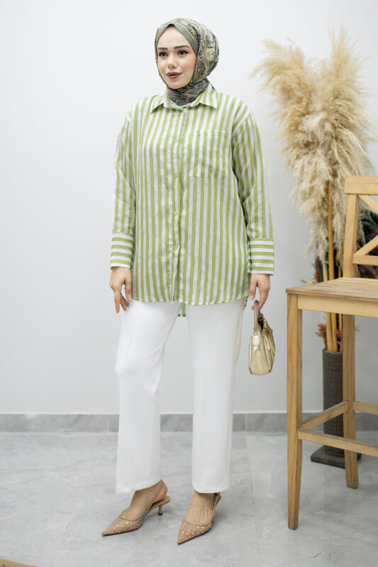Çizgili Cepli Gömlek TSD260174 Yeşil - TESETTÜR DÜNYASI