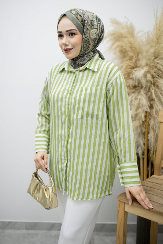 Çizgili Cepli Gömlek TSD260174 Yeşil - TESETTÜR DÜNYASI (1)
