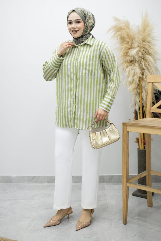 Çizgili Cepli Gömlek TSD260174 Yeşil - 3