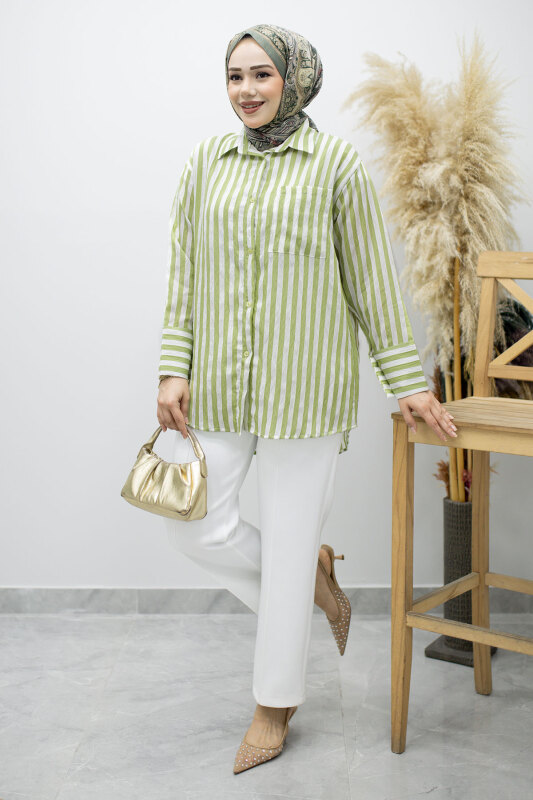 Çizgili Cepli Gömlek TSD260174 Yeşil - 5