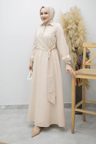 Çizgili Tokalı Gömlek Elbise TSD260196 Bej 