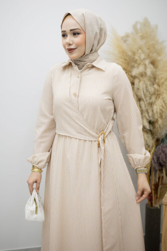 Çizgili Tokalı Gömlek Elbise TSD260196 Bej - 2