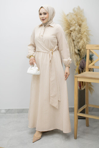 Çizgili Tokalı Gömlek Elbise TSD260196 Bej - 3