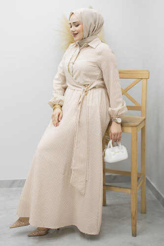 Çizgili Tokalı Gömlek Elbise TSD260196 Bej - 6