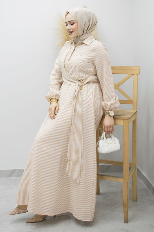 Çizgili Tokalı Gömlek Elbise TSD260196 Bej - 6
